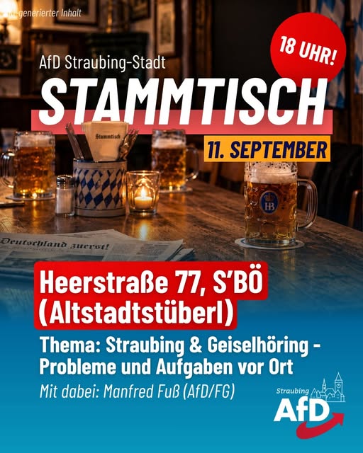 Ankündigung des Stammtischs Straubing und Geiselhöring am 11. September 2026