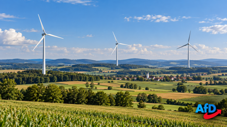 Windkraftanlagen in einer niederbayerischen Landschaft mit AfD-Logo
